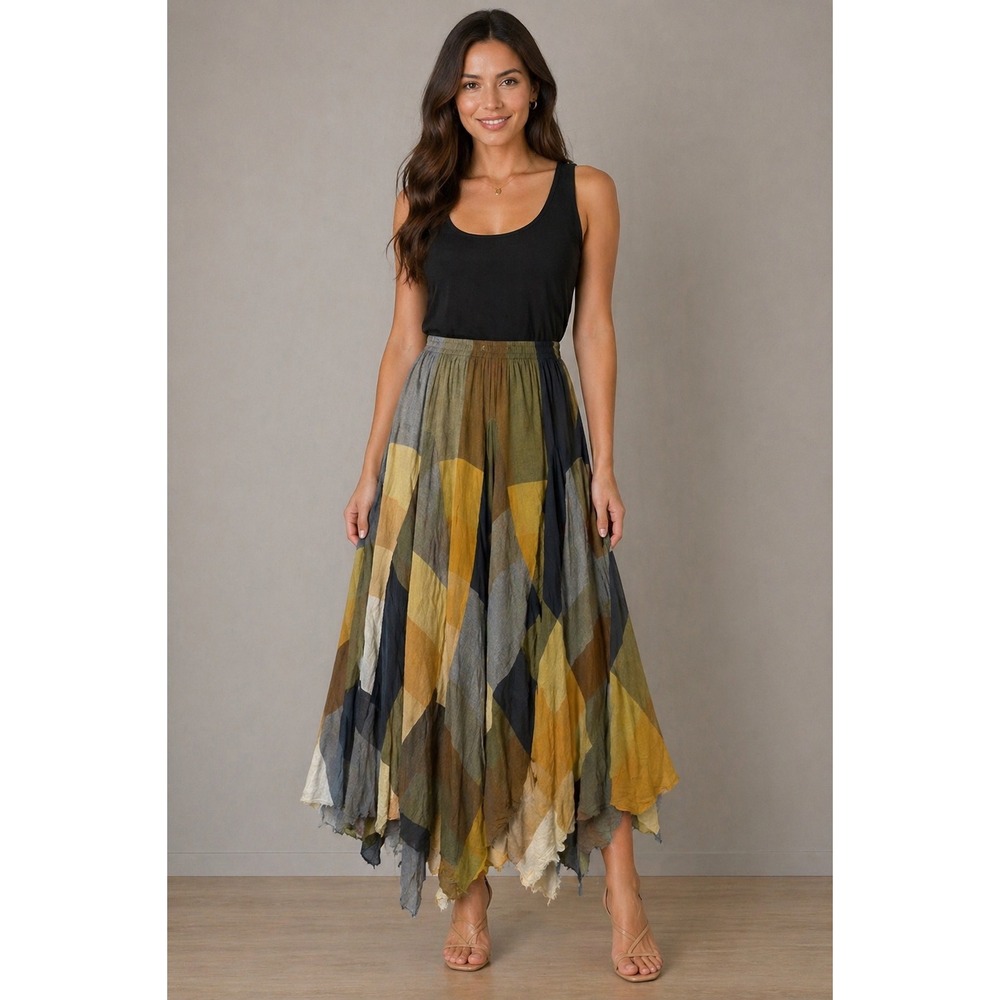 Sandy Starkman Patchwork Maxi Skirt M Boho Handkerchief Hem 100% Cotton